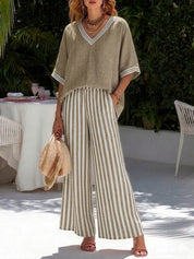 Indi Rushwell | Pink Striped Trim V-Neck Top and Pants Set For Women