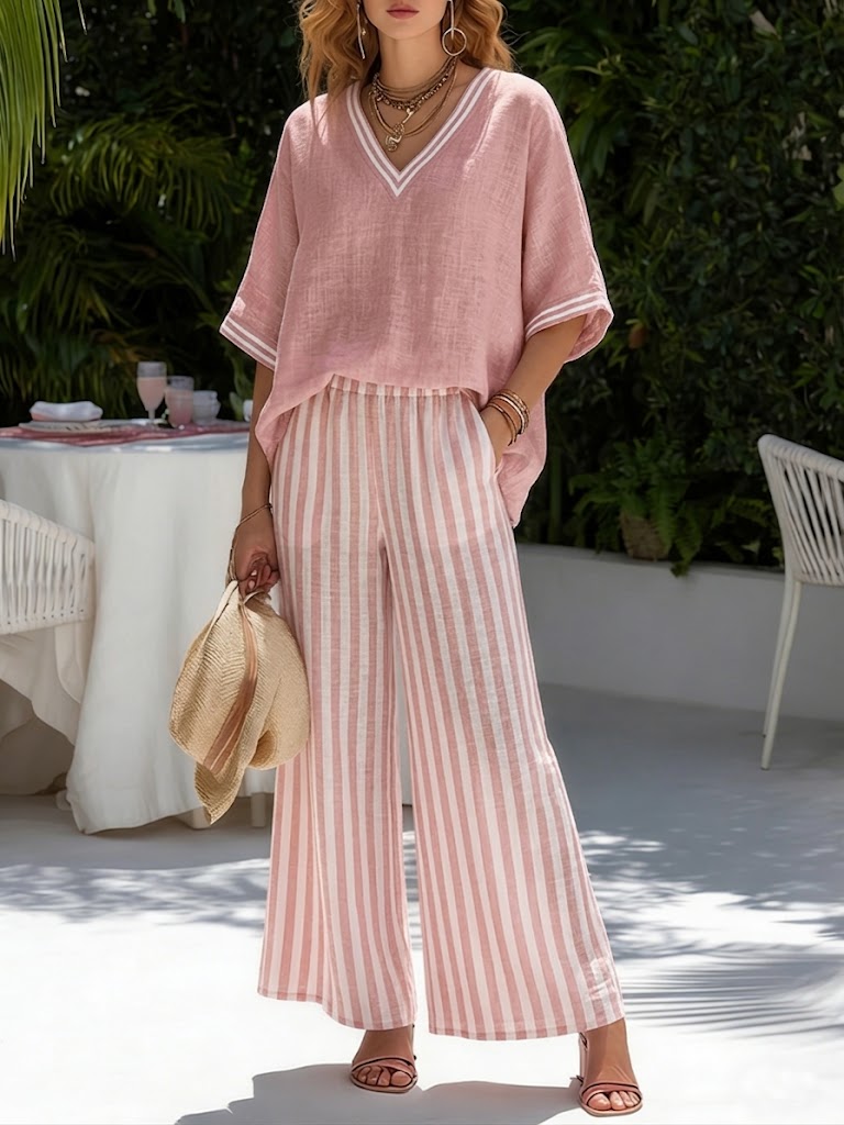 Indi Rushwell | Pink Striped Trim V-Neck Top and Pants Set For Women
