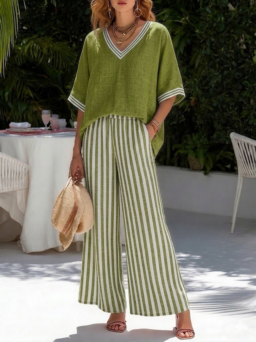 Indi Rushwell | Pink Striped Trim V-Neck Top and Pants Set For Women