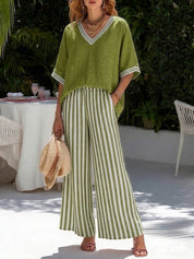 Indi Rushwell | Pink Striped Trim V-Neck Top and Pants Set For Women