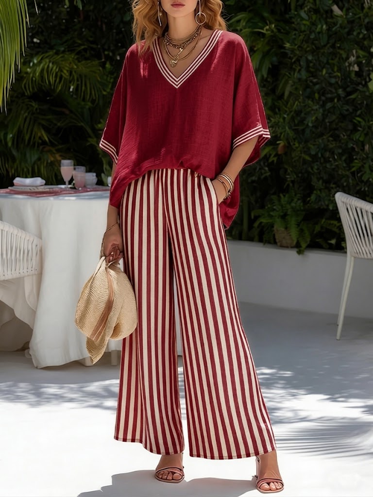 Indi Rushwell | Pink Striped Trim V-Neck Top and Pants Set For Women