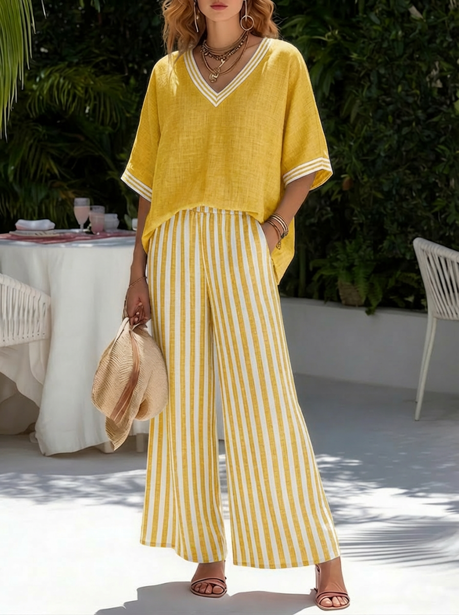 Indi Rushwell | Pink Striped Trim V-Neck Top and Pants Set For Women