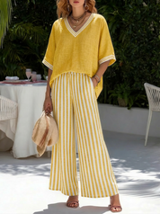 Indi Rushwell | Pink Striped Trim V-Neck Top and Pants Set For Women