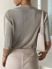 Isla Whitcroft | Silver Pleated Mock Neck Top For Women