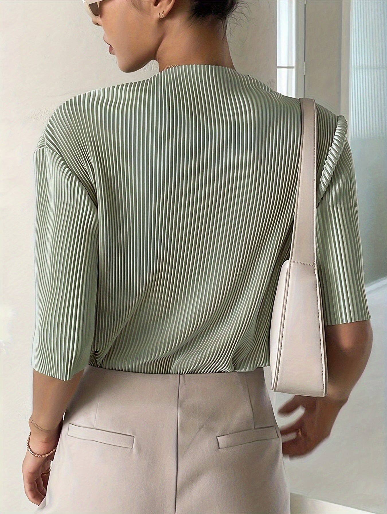 Isla Whitcroft | Silver Pleated Mock Neck Top For Women