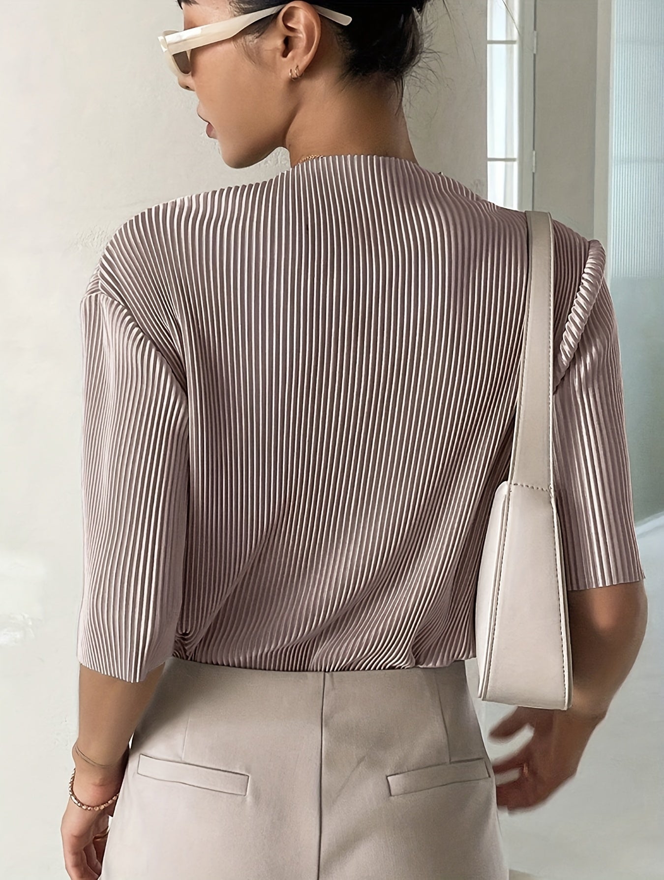 Isla Whitcroft | Silver Pleated Mock Neck Top For Women