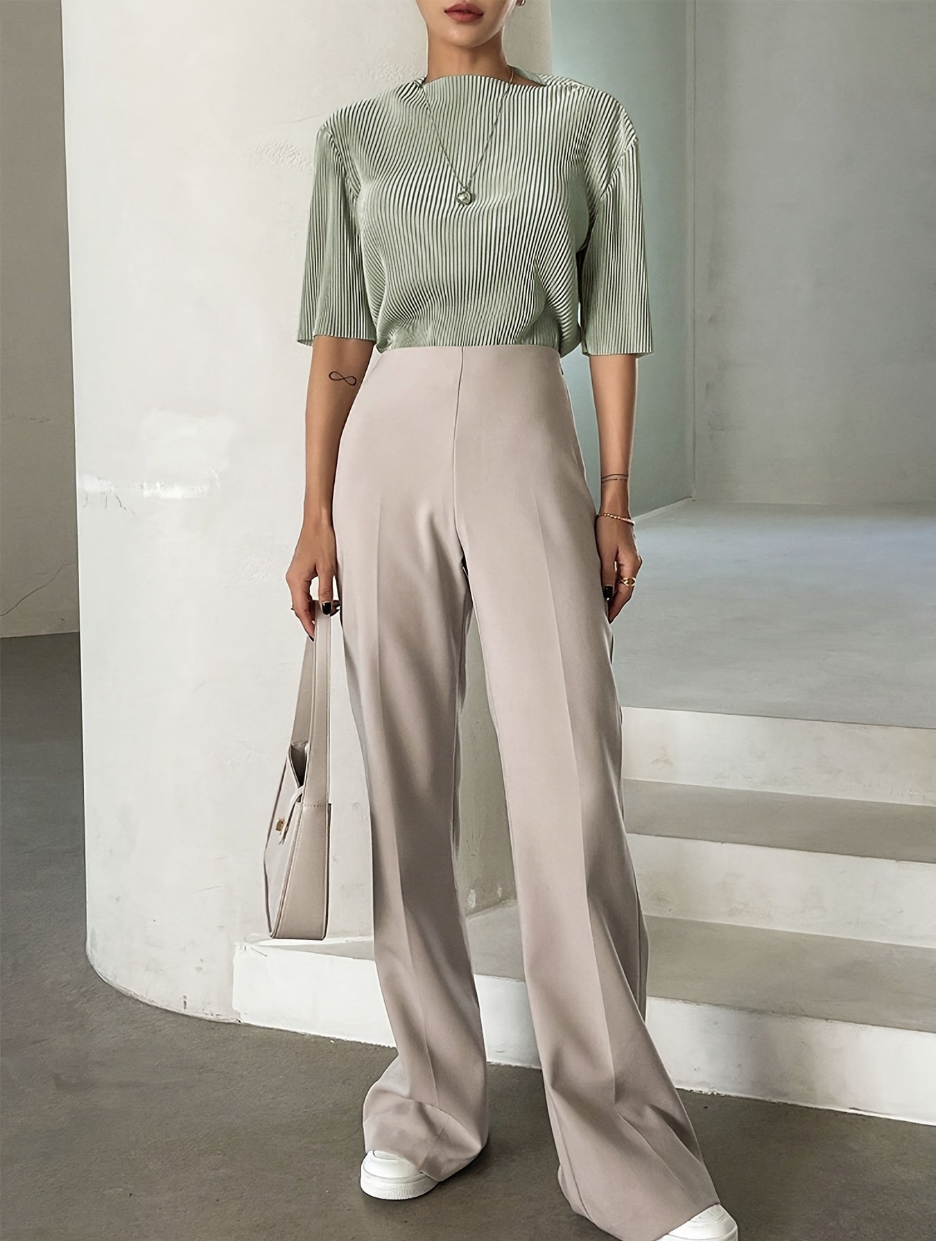 Isla Whitcroft | Silver Pleated Mock Neck Top For Women
