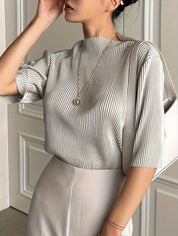 Isla Whitcroft | Silver Pleated Mock Neck Top For Women