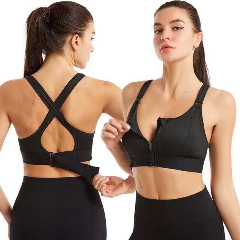 Jade Kingsford | Black Front Zip Cross-Back Sports Bra For Women