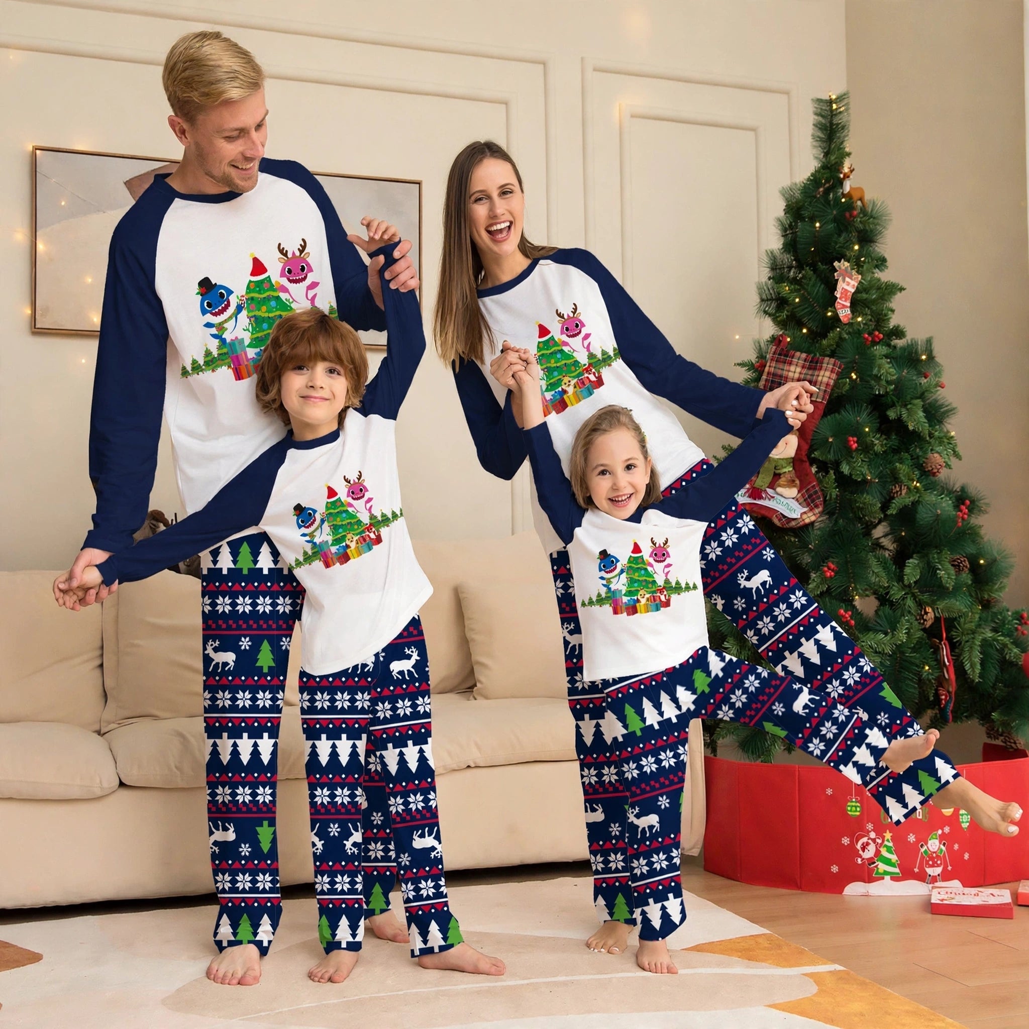 jolly-tide-navy-shark-tree-print-christmas-pyjamas-unisex-family-model-01.webp