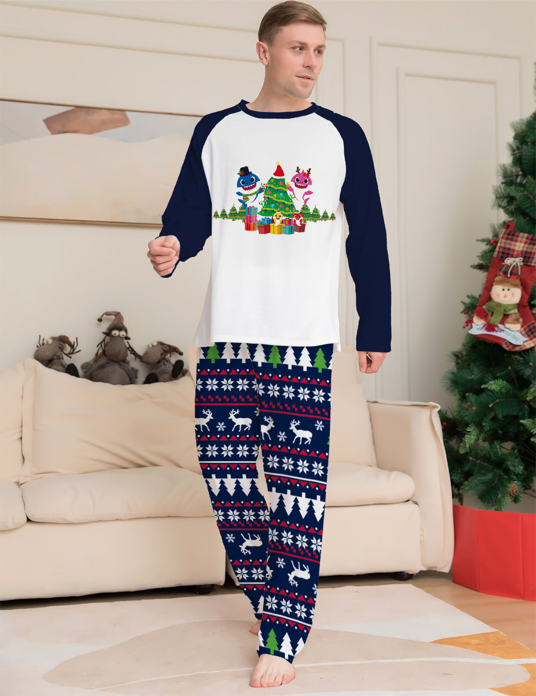 Jolly Tide | Navy Shark Tree Print Christmas Pyjamas Unisex & Family