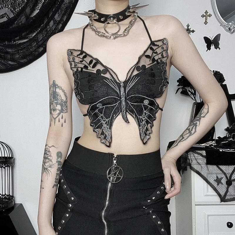 Harper Whitfield | Butterfly Embroidered Halter Crop Top For Women