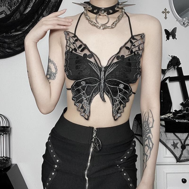 Harper Whitfield | Butterfly Embroidered Halter Crop Top For Women