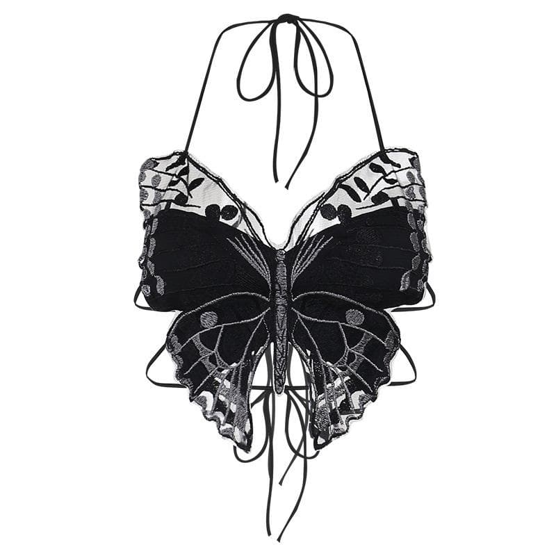 Harper Whitfield | Butterfly Embroidered Halter Crop Top For Women