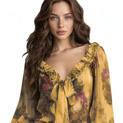 Kirra Merwell | Yellow Floral Ruffle Tie Front Blouse For Women
