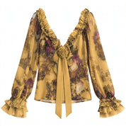 Kirra Merwell | Yellow Floral Ruffle Tie Front Blouse For Women