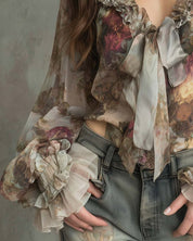Kirra Merwell | Yellow Floral Ruffle Tie Front Blouse For Women