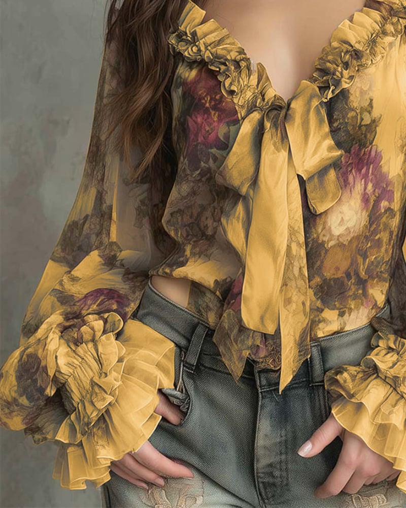 Kirra Merwell | Yellow Floral Ruffle Tie Front Blouse For Women
