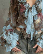 Kirra Merwell | Yellow Floral Ruffle Tie Front Blouse For Women