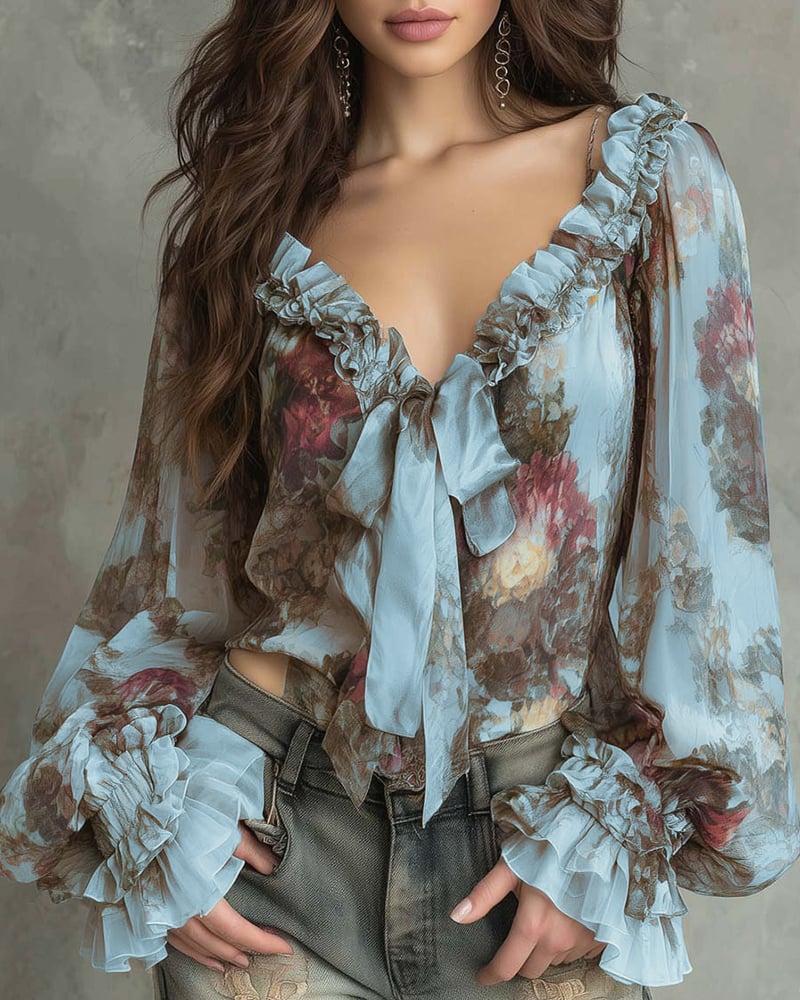 Kirra Merwell | Yellow Floral Ruffle Tie Front Blouse For Women