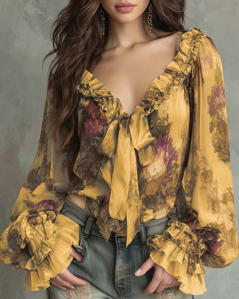Kirra Merwell | Yellow Floral Ruffle Tie Front Blouse For Women