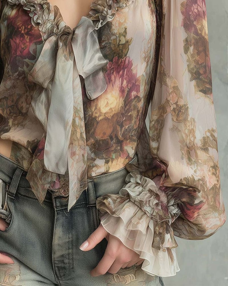 Kirra Merwell | Yellow Floral Ruffle Tie Front Blouse For Women