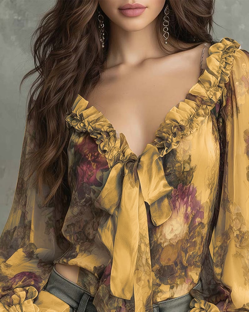 Kirra Merwell | Yellow Floral Ruffle Tie Front Blouse For Women