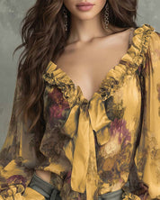 Kirra Merwell | Yellow Floral Ruffle Tie Front Blouse For Women