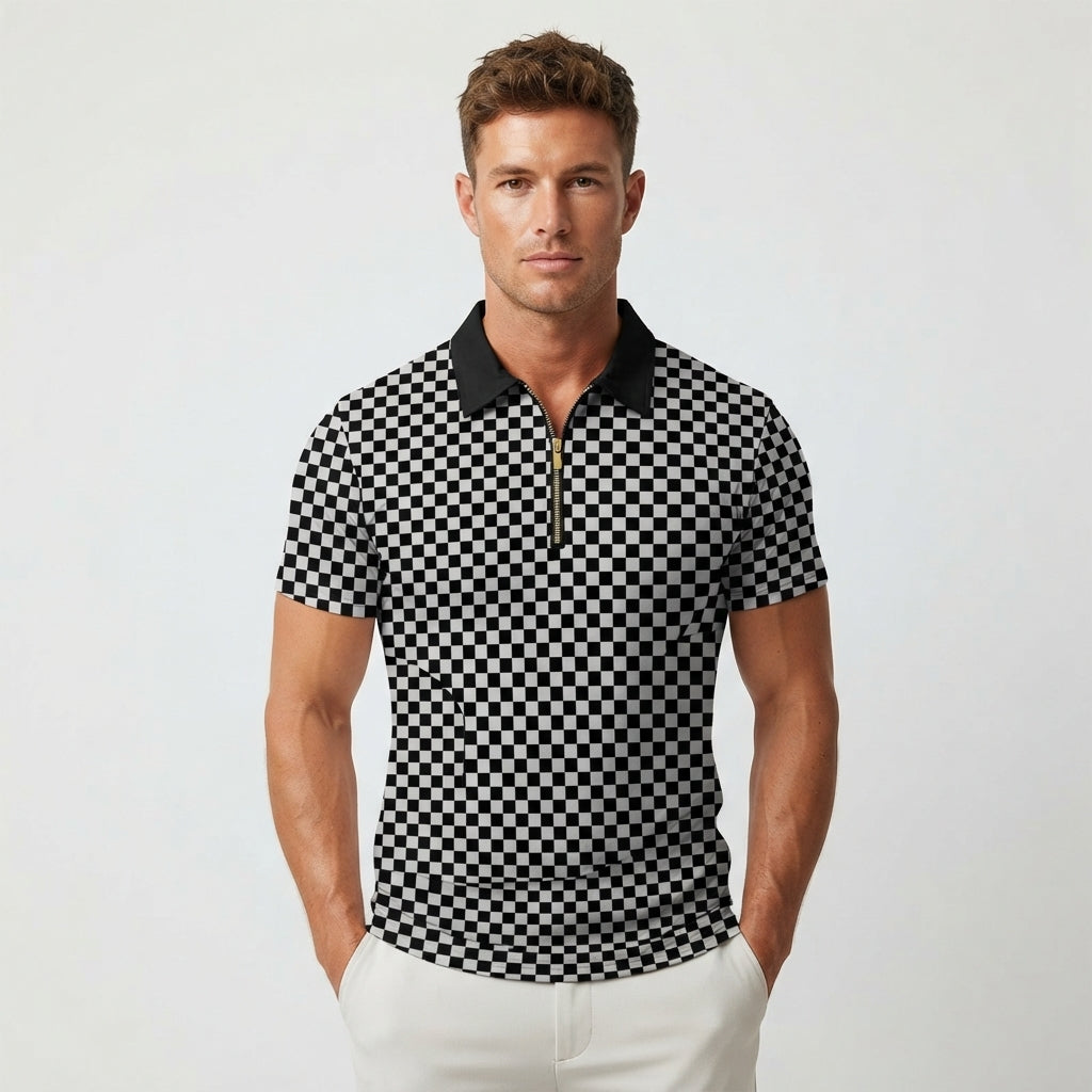 Ronan Ashfield | Checkerboard Print Zip Polo Shirt For Men