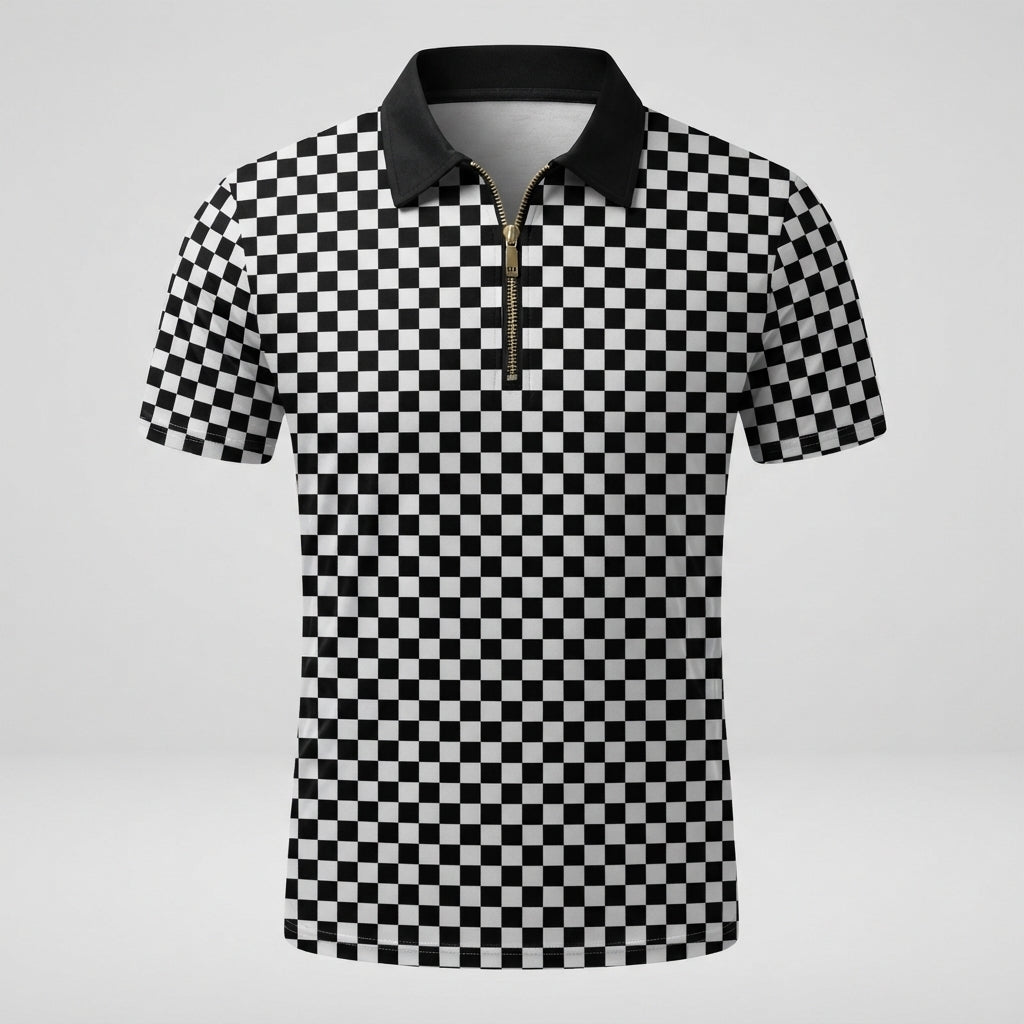 Ronan Ashfield | Checkerboard Print Zip Polo Shirt For Men