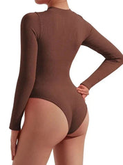 Lauren Ashby | Cream Ribbed Zip Long-Sleeve Bodysuit For Women