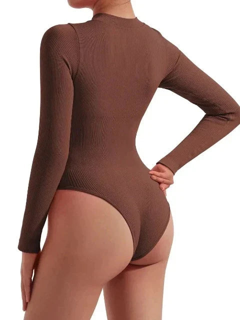 Lauren Ashby | Cream Ribbed Zip Long-Sleeve Bodysuit For Women