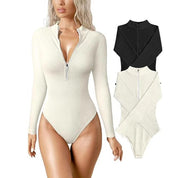 Lauren Ashby | Cream Ribbed Zip Long-Sleeve Bodysuit For Women