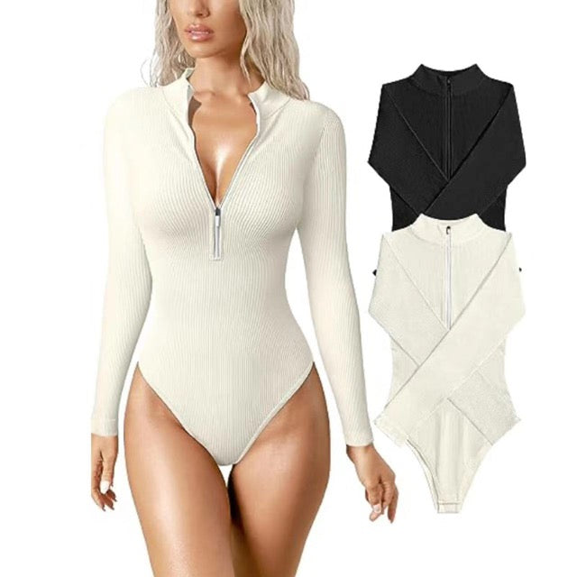 Lauren Ashby | Cream Ribbed Zip Long-Sleeve Bodysuit For Women