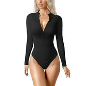 Lauren Ashby | Cream Ribbed Zip Long-Sleeve Bodysuit For Women