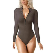 Lauren Ashby | Cream Ribbed Zip Long-Sleeve Bodysuit For Women