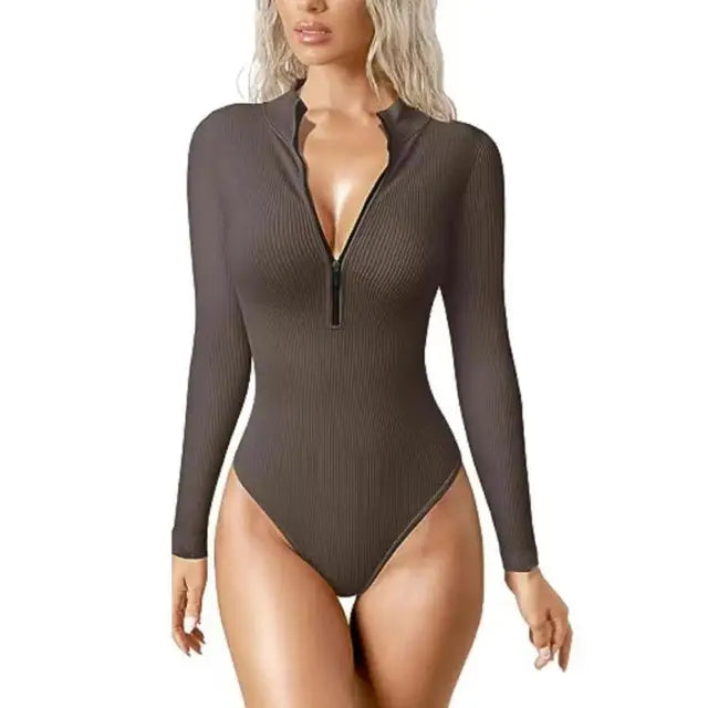 Lauren Ashby | Cream Ribbed Zip Long-Sleeve Bodysuit For Women