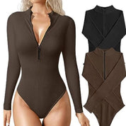Lauren Ashby | Cream Ribbed Zip Long-Sleeve Bodysuit For Women