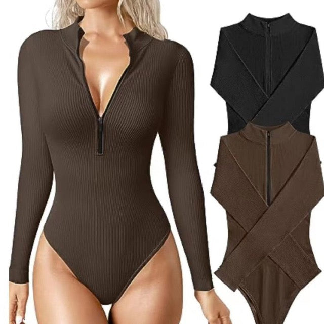 Lauren Ashby | Cream Ribbed Zip Long-Sleeve Bodysuit For Women