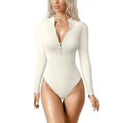 Lauren Ashby | Cream Ribbed Zip Long-Sleeve Bodysuit For Women