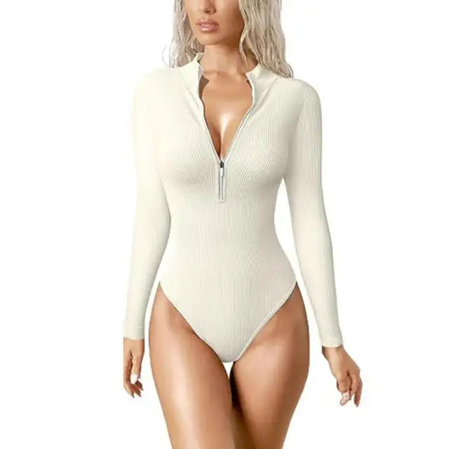 Lauren Ashby | Cream Ribbed Zip Long-Sleeve Bodysuit For Women