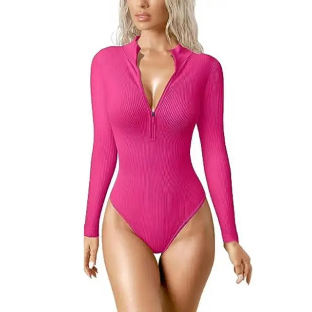 Lauren Ashby | Cream Ribbed Zip Long-Sleeve Bodysuit For Women
