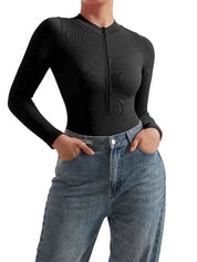 Lauren Ashby | Cream Ribbed Zip Long-Sleeve Bodysuit For Women