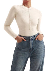 Lauren Ashby | Cream Ribbed Zip Long-Sleeve Bodysuit For Women