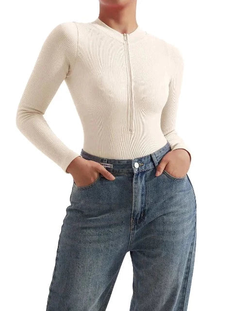 Lauren Ashby | Cream Ribbed Zip Long-Sleeve Bodysuit For Women