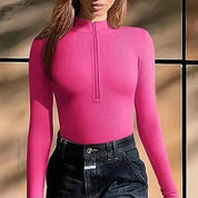 Lauren Ashby | Cream Ribbed Zip Long-Sleeve Bodysuit For Women