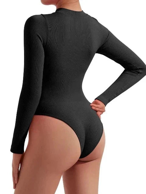 Lauren Ashby | Cream Ribbed Zip Long-Sleeve Bodysuit For Women