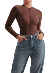 Lauren Ashby | Cream Ribbed Zip Long-Sleeve Bodysuit For Women