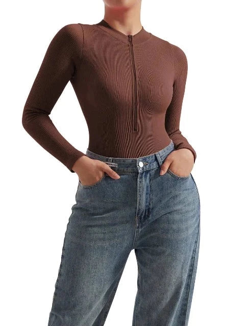 Lauren Ashby | Cream Ribbed Zip Long-Sleeve Bodysuit For Women