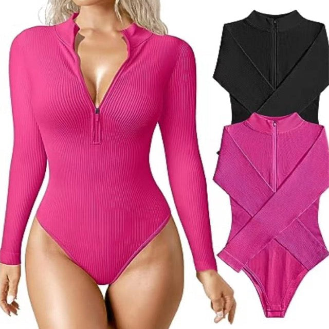Lauren Ashby | Cream Ribbed Zip Long-Sleeve Bodysuit For Women